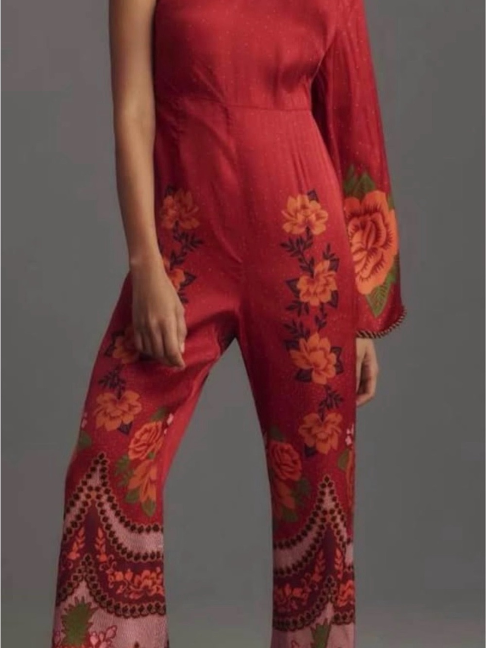 FARM Rio Red One-Shoulder Floral Jumpsuit with Orange Accents